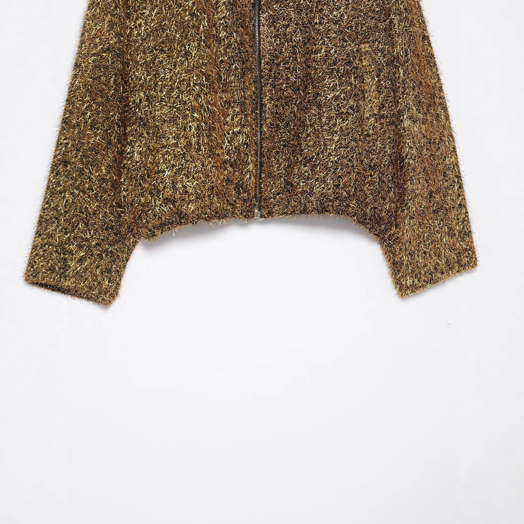Damen cropped Glitzer-Strickjacke mit Reißverschluss und weitem Schalkragen – Veloura
