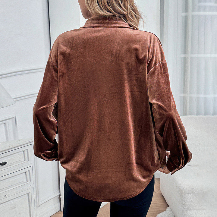 Damen Velours-Hemdbluse mit Brusttasche und klassischem Kragen Echoarchiv