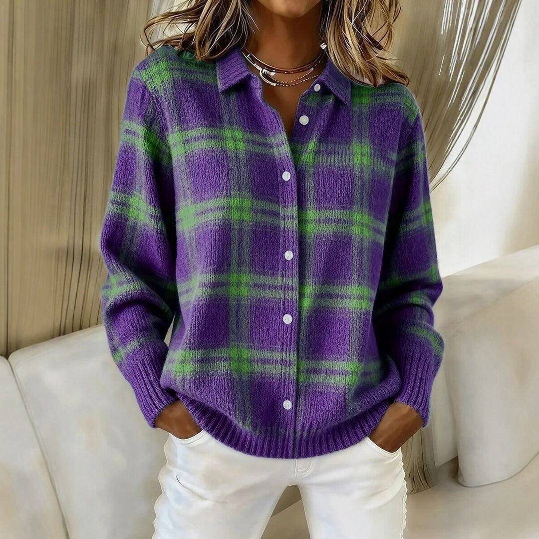 Damen Kariertes Strick-Hemdjacke-Cardigan mit Hemdkragen und gerippten Bündchen Echoarchiv