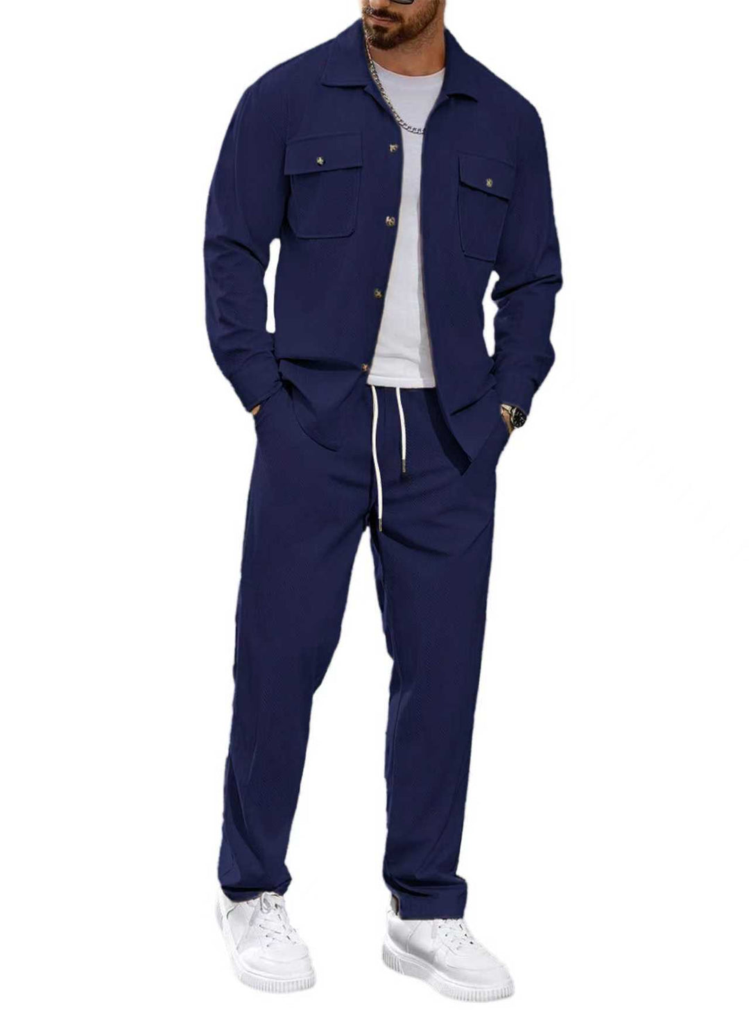 Herren nan lässiger Zweiteiler Hemdjacke mit aufgesetzten Brusttaschen und Kordelzughose Echo Archiv