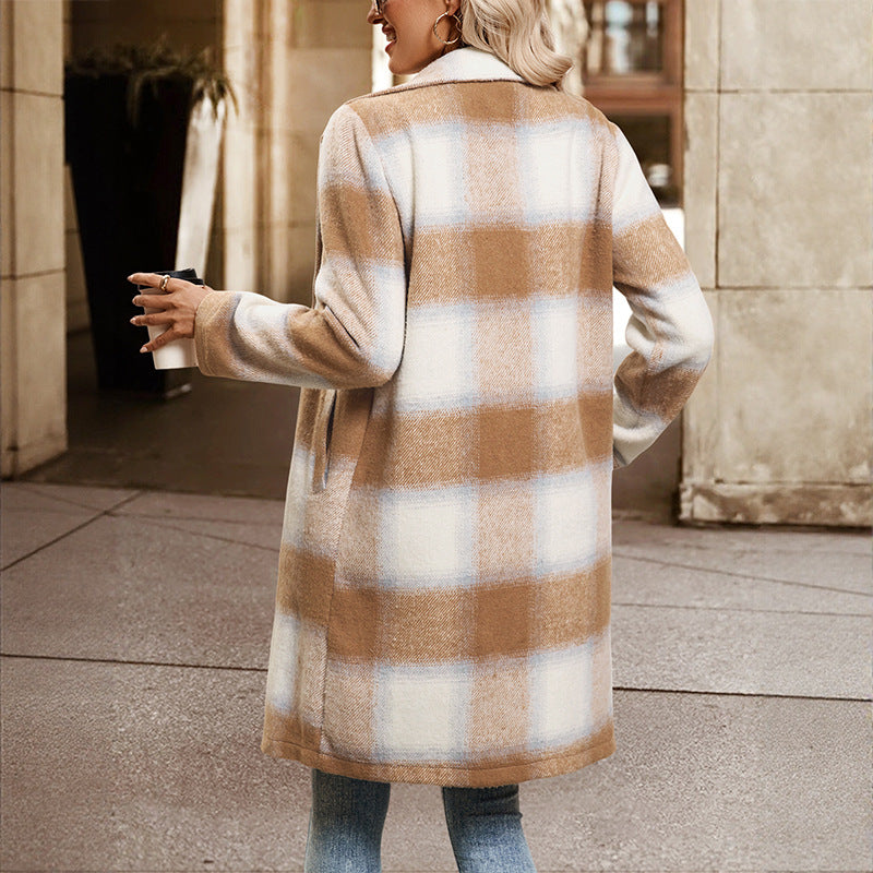 Damen Zweireihiger Wollmix-Mantel mit Oversize-Karos, Reverskragen und Eingrifftaschen Echoarchiv