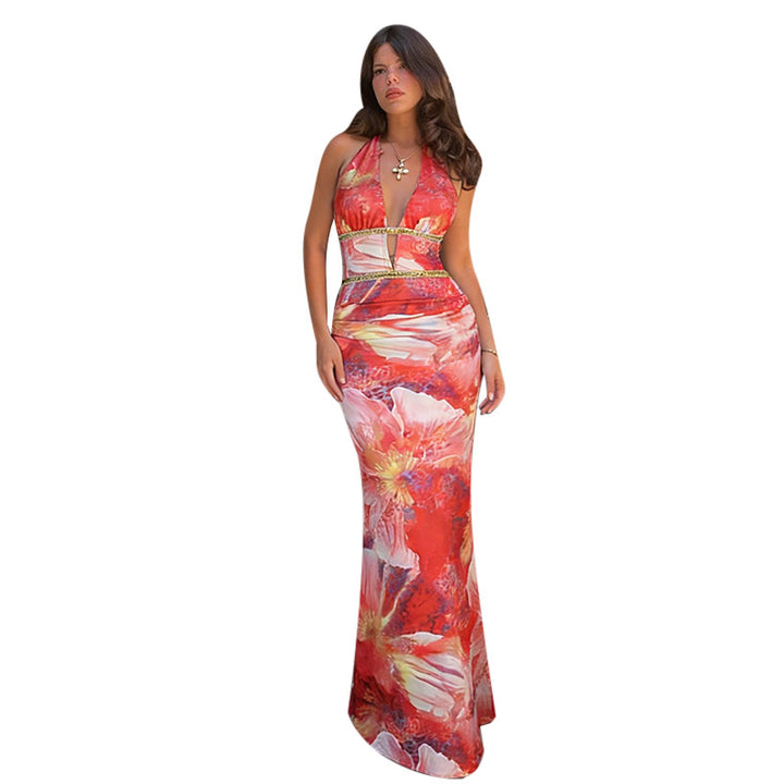 Damen Maxikleid mit floralem Design und tiefem V-Ausschnitt Echo Archiv