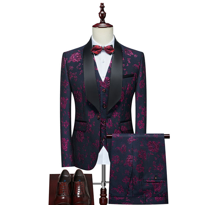 Herren Luxuriöses dreiteiliges Smoking-Set mit Schalrevers und Blumen-Jacquard Echo Archiv