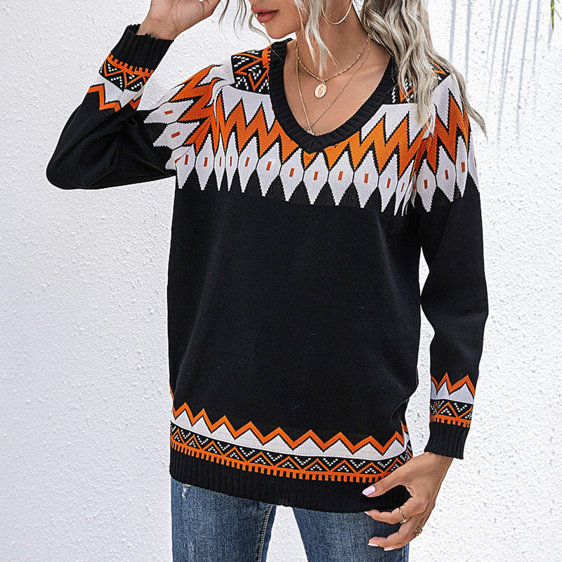 Damen Oversize Strickpullover mit geometrischem Aztekenmuster und asymmetrischem schulterfreiem Ausschnitt Echoarchiv