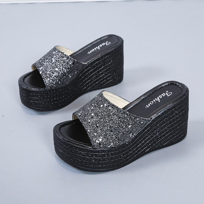 Damen nan offene Plateau-Mule mit glitzerndem Riemen, geprägter Keilsohle und gepolstertem Komfortfußbett Echo Archiv