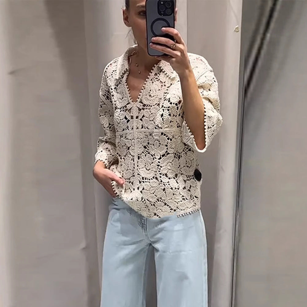 Damen Gehäkelte Bluse mit floralem Ajourmuster und dreiviertel Ärmeln Echoarchiv