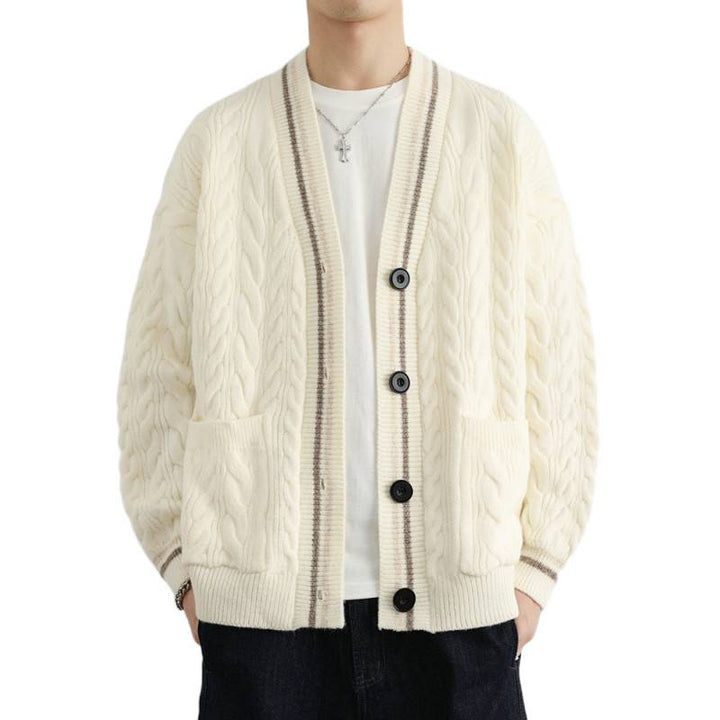 Herren Grober Zopfstrick-Cardigan mit aufgesetzten Taschen und Kontraststreifen Echoarchiv