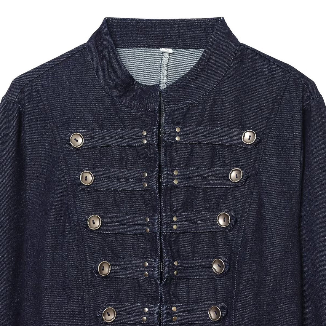 Damen kurze Denim‑Militärjacke mit Stehkragen und dekorativer Zierknopfleiste Echo Archiv