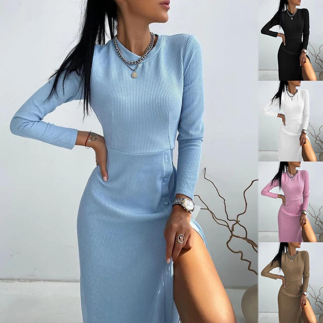 Damen Geripptes A‑Linien Kleid mit Rundhalsausschnitt, langen Ärmeln und seitlicher Knopfleiste – Lunéa