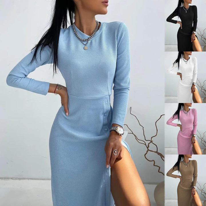 Damen Geripptes A‑Linien Kleid mit Rundhalsausschnitt, langen Ärmeln und seitlicher Knopfleiste – Lunéa