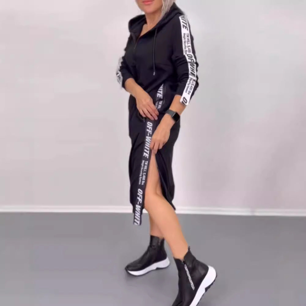 Damen nan knöchellanges Kapuzen-Sweatkleid mit Halbzip, Kängurutaschen und seitlicher Zierpaspel Echo Archiv