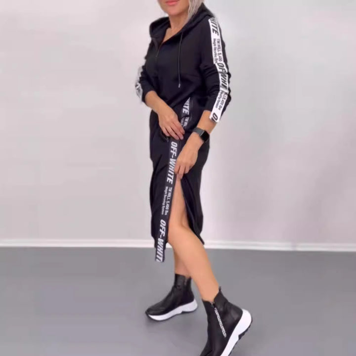 Damen nan knöchellanges Kapuzen-Sweatkleid mit Halbzip, Kängurutaschen und seitlicher Zierpaspel Echo Archiv