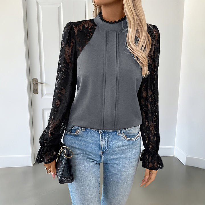 Damen Elegant-romantische Bluse mit gehäkelten Spitzenärmeln, Stehkragen und vertikalen Ziernähten Echoarchiv