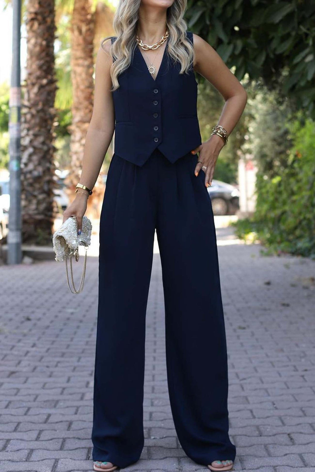 Damen Eleganter Zweiteiler mit taillierter Weste und weiter Palazzo-Hose – Célinea