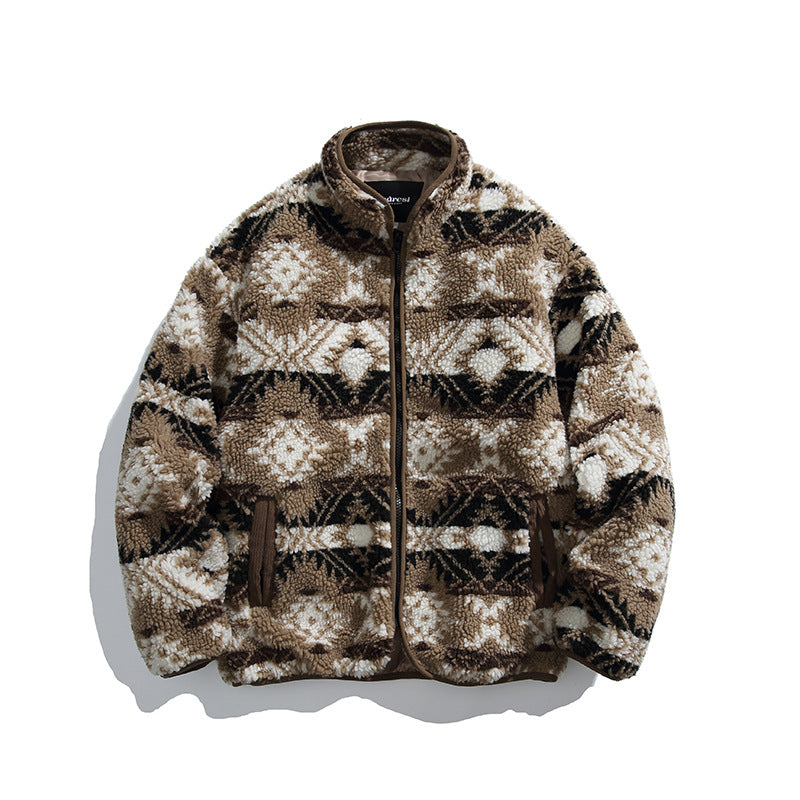 Unisex Teddy-Fleecejacke im Aztekenmuster mit Stehkragen und durchgehendem Reißverschluss Echo Archiv