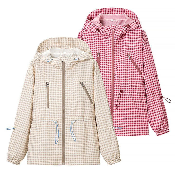 Damen 20+ leichte karierte Kapuzenjacke mit Tunnelzug, Reißverschluss und funktionalen Taschen Echo Archiv
