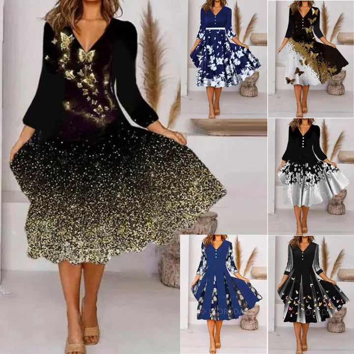Damen V-Ausschnitt Midi-Kleid mit fließendem Rock und floralem Ärmeldesign Echoarchiv