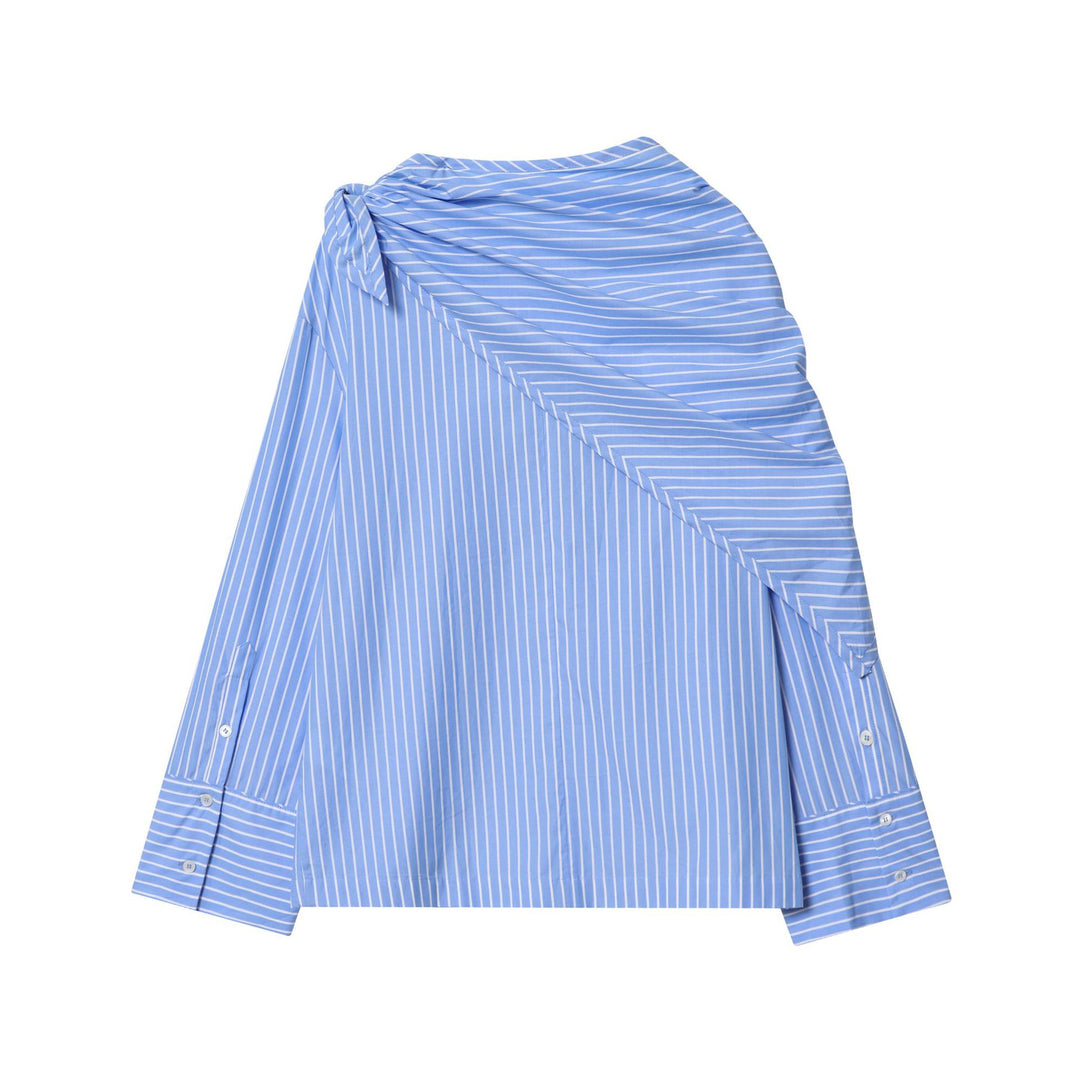 Damen schulterdetailierte Baumwollbluse mit Drapé-Schalkragen und breiten Manschetten – Élovi