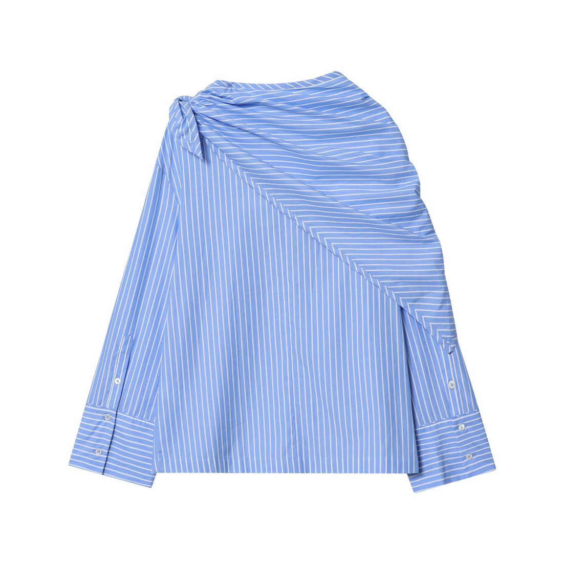 Damen schulterdetailierte Baumwollbluse mit Drapé-Schalkragen und breiten Manschetten – Élovi