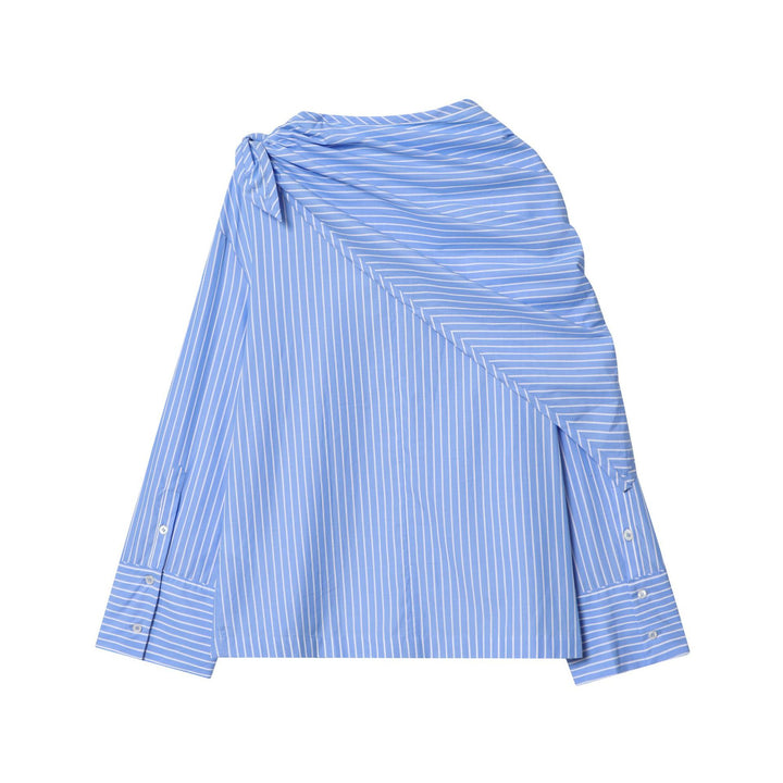 Damen schulterdetailierte Baumwollbluse mit Drapé-Schalkragen und breiten Manschetten – Élovi