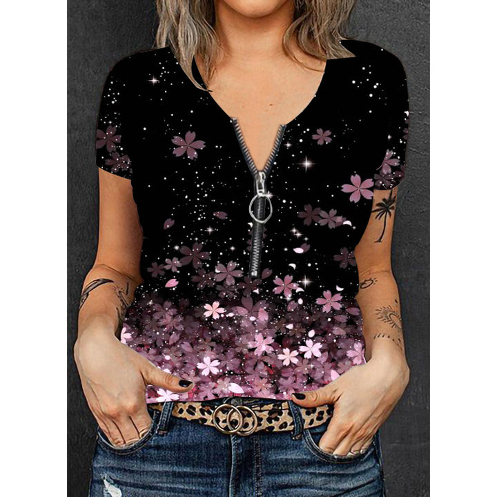 Damen V-Ausschnitt T-Shirt mit Reißverschluss und floralem Muster Echo Archiv