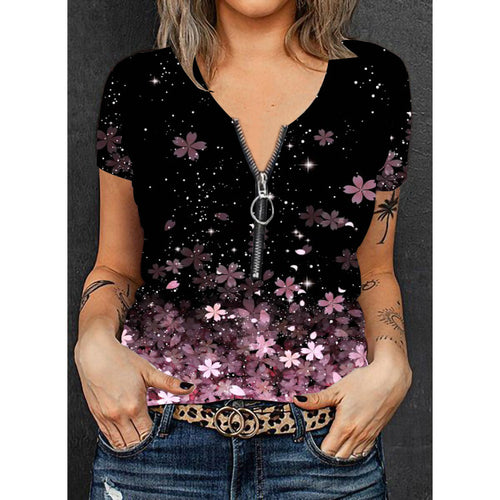Damen V-Ausschnitt T-Shirt mit Reißverschluss und floralem Muster Echo Archiv