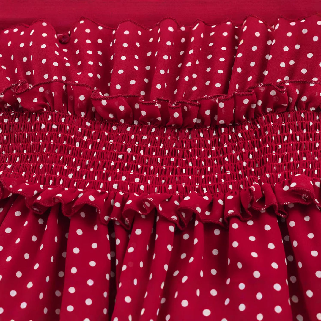Damen Midikleid mit Smok-Taillenband, Rüschenkragen und Ballonärmeln – Élara