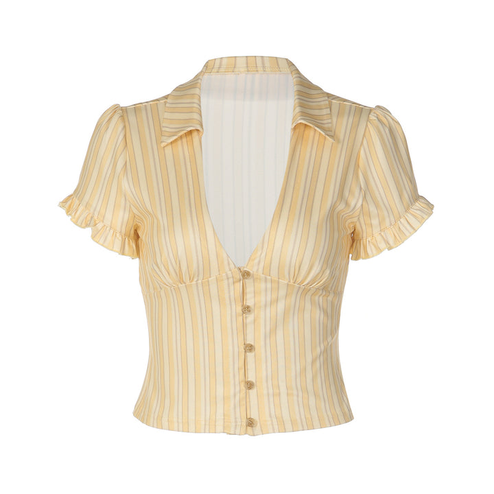Damen Kurzarm Bluse mit Rüschendetails und V-Ausschnitt Echo Archiv