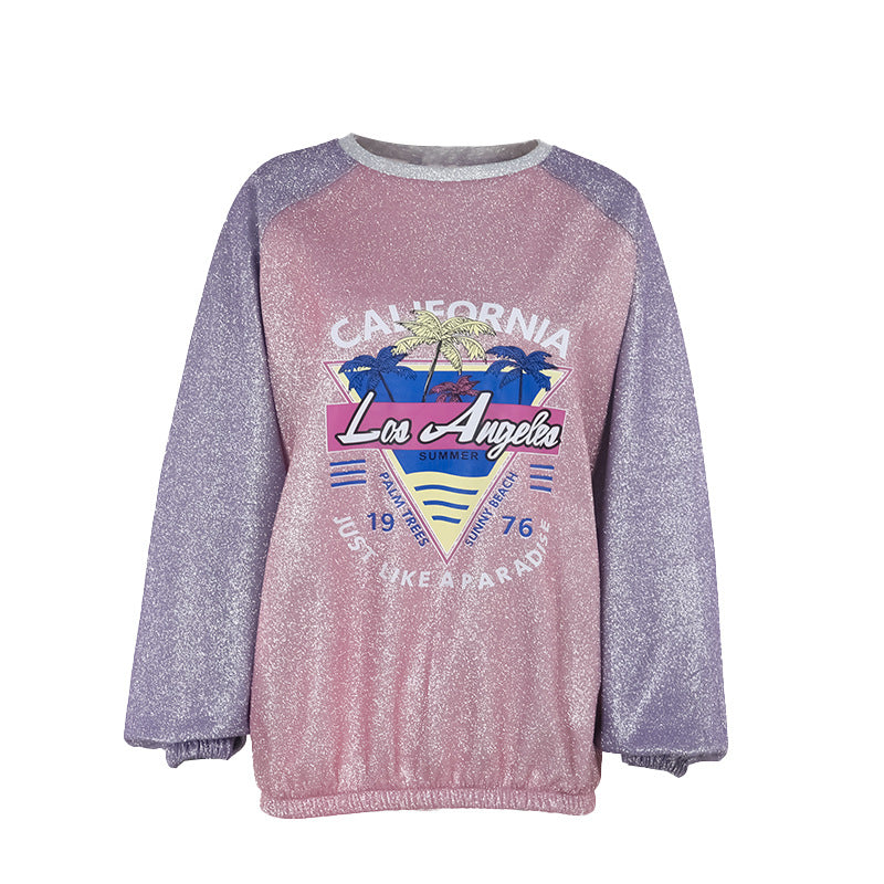 Damen Glitzerndes Oversize-Sweatshirt mit Raglanärmeln und Retro-Los-Angeles-Print Echo Archiv