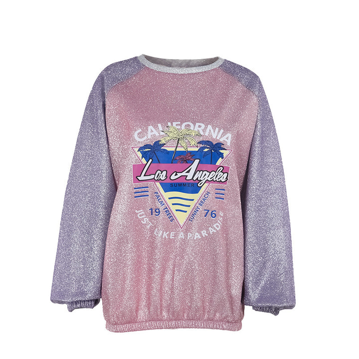 Damen Glitzerndes Oversize-Sweatshirt mit Raglanärmeln und Retro-Los-Angeles-Print Echo Archiv