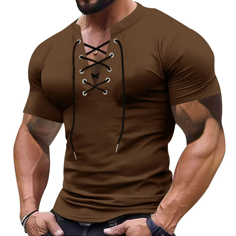 Herren Kurzarm-Henley-Shirt mit modischem Schnürdesign und körperbetonter Passform Echoarchiv