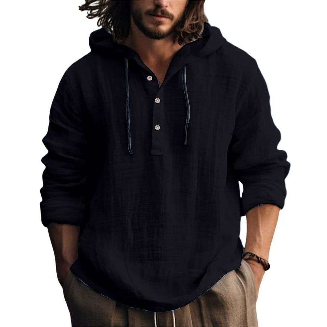 Herren Leichtes Kapuzenhemd im Leinenlook mit Henley-Knopfleiste – Arvello