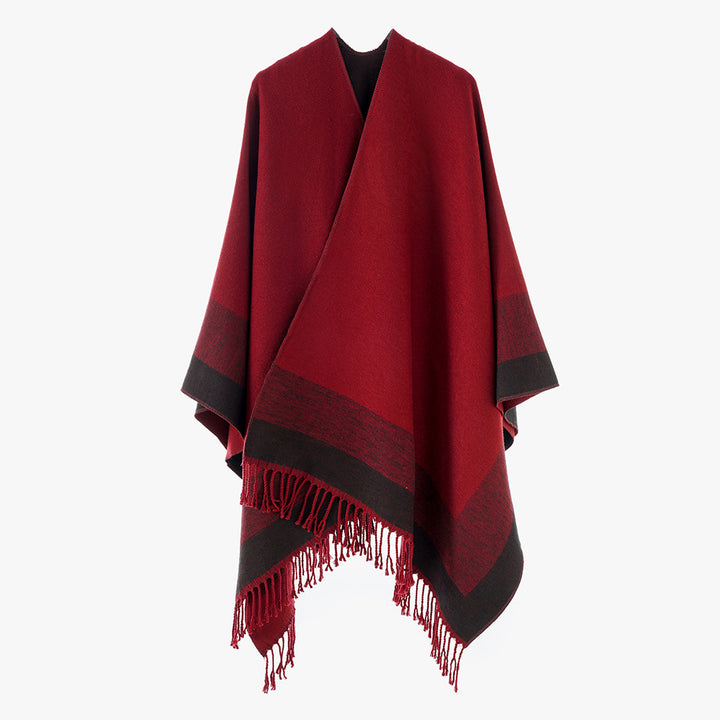 Damen Rechteckiger Wollmix‑Poncho mit offener Front, feiner Kettelnaht und Fransensaum – Avérine