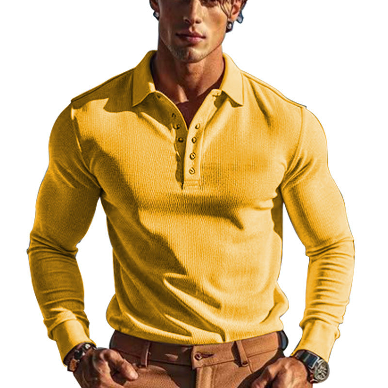 Herren eleganter Langarm-Polo mit Knopfleiste und strukturiertem Design Echoarchiv