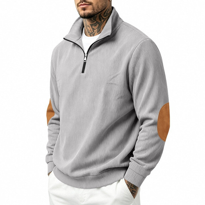 Herren Feinstrick-Halbzip-Pullover mit Cordstruktur und Kontrast-Ellbogenpatch Echoarchiv