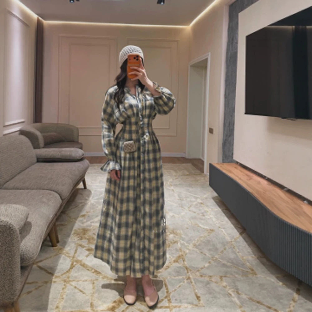 Damen Maxikleid im Karierten Hemdblusenstil mit Taillengürtel und Rüschenmanschetten Echoarchiv