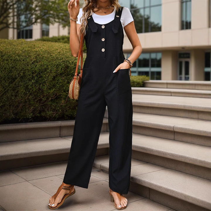 Damen Weichfallender Latz-Jumpsuit mit weitem Bein und Holzknopf‑Verschluss Echoarchiv
