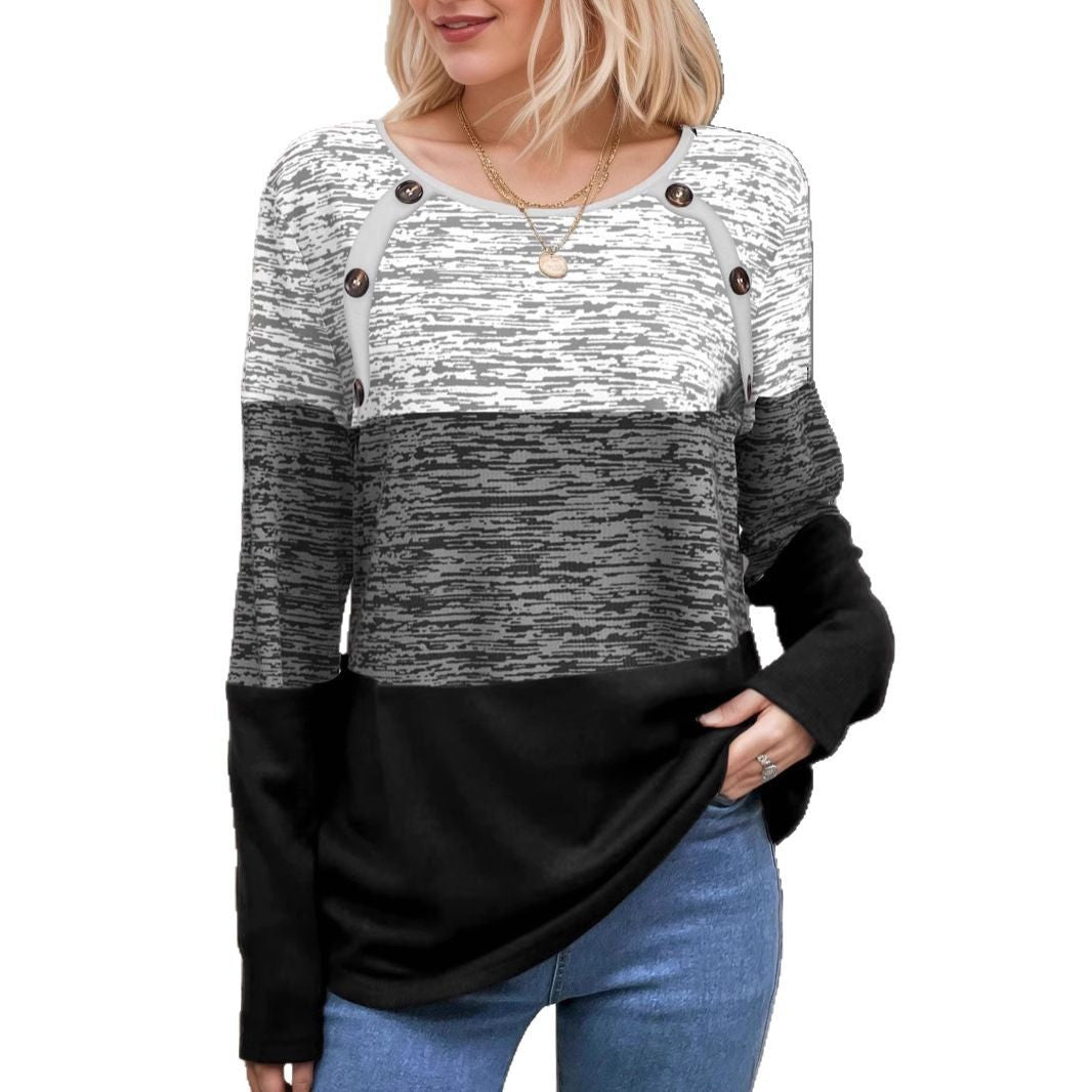 Damen Colorblock-Longsleeve mit Schulter-Knopfleiste & strukturierter Melange-Optik – Avérine