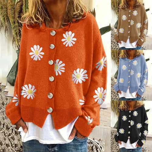 Damen Oversize Strickcardigan mit Knopfleiste und Gänseblümchen-Print Echo Archiv