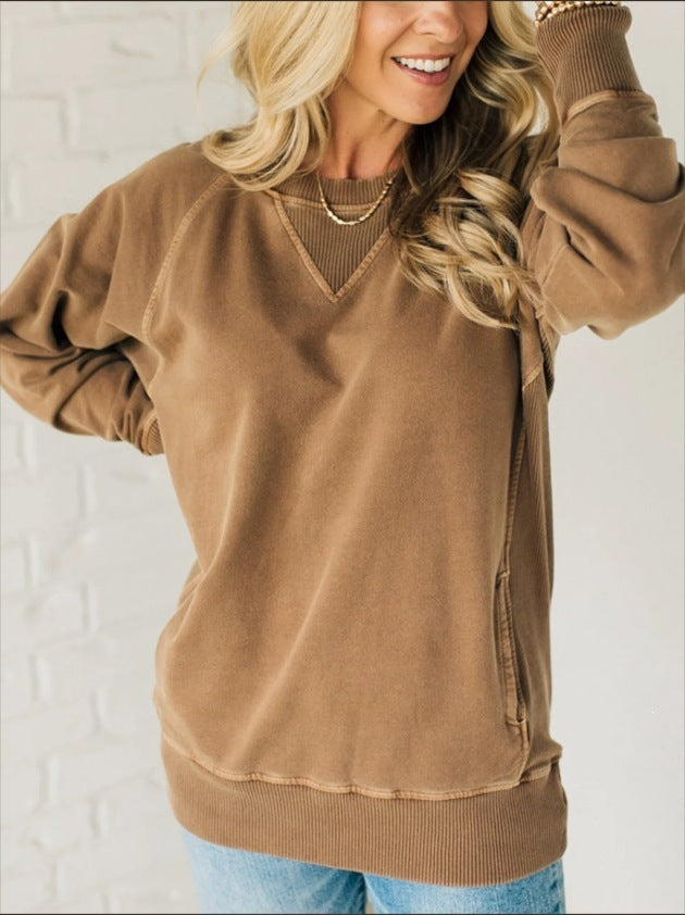 Damen Oversize Baumwoll-Sweatshirt mit V‑Stitch, Rippbündchen und Seitentaschen Echoarchiv