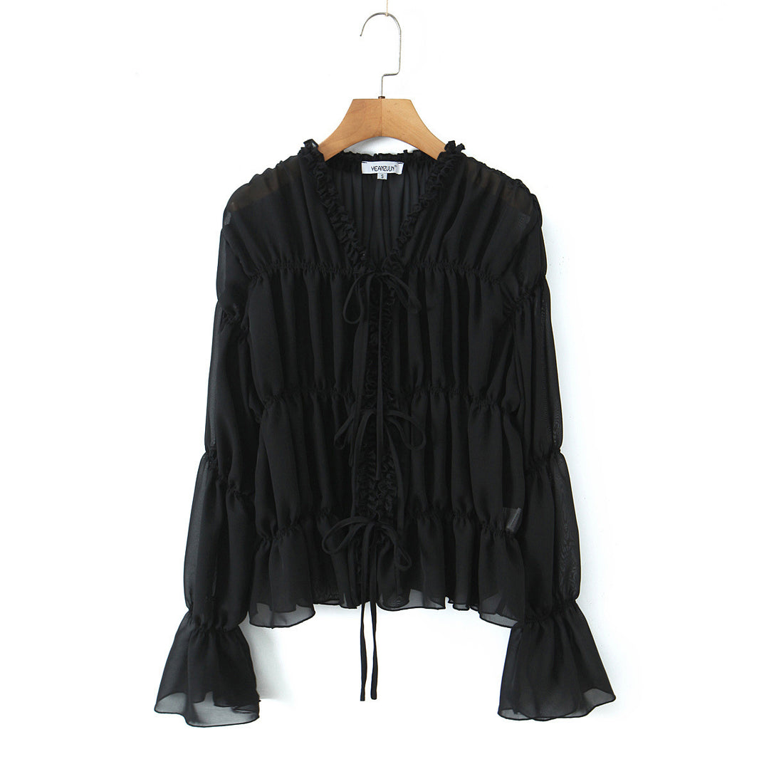 Damen Transparente Chiffonbluse mit Rüschenbindern, Stufenschnitt und Taillenraffung Echoarchiv