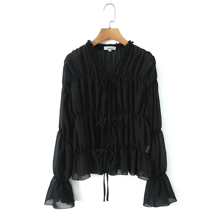 Damen Transparente Chiffonbluse mit Rüschenbindern, Stufenschnitt und Taillenraffung Echoarchiv
