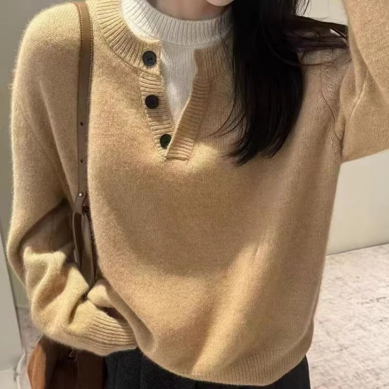 Damen Oversize-Henley-Pullover aus flauschigem Mohair‑Look mit Knopfleiste Echoarchiv