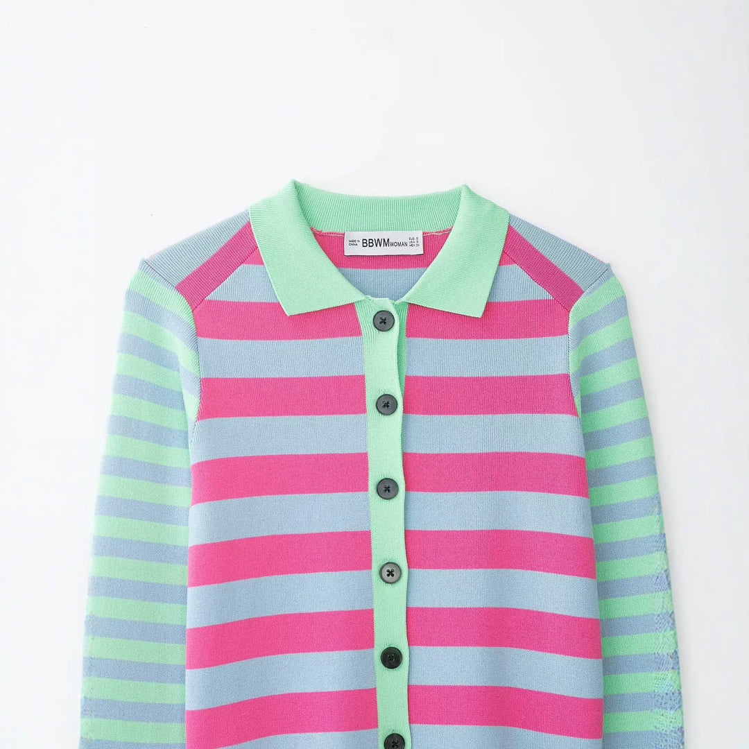 Damen Gestreifte Kurzjacke-Cardigan mit Polokragen und Knopfleiste Echo Archiv