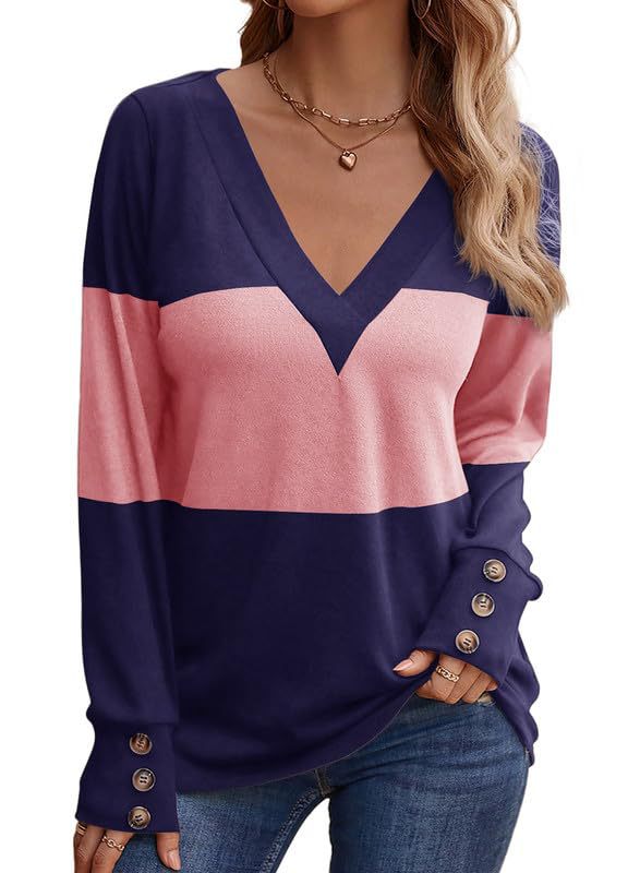 Damen Colorblock V‑Neck Feinstrickpullover mit dekorativen Manschettenknöpfen – Avérine