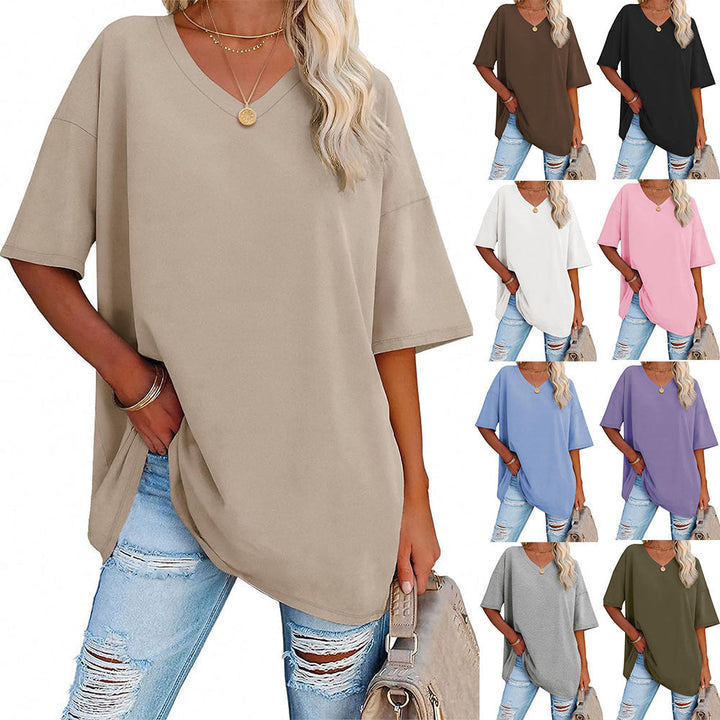 Damen Oversized T-Shirt mit V-Ausschnitt und seitlichen Schlitzen Echoarchiv
