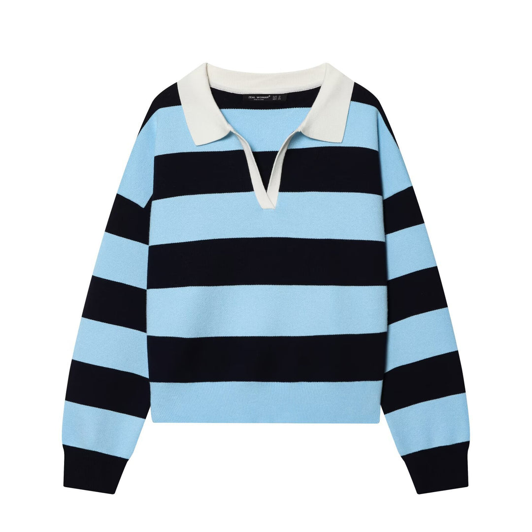 Damen gestreifter kurzer Rugby-Strickpullover mit offenem V-Ausschnitt und Hemdkragen Echoarchiv