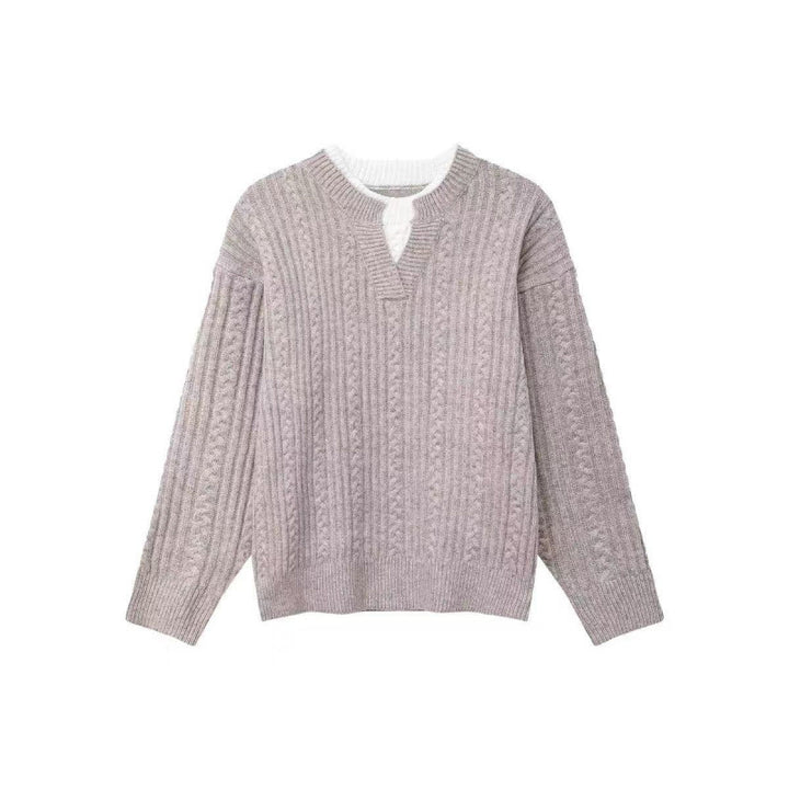 Damen Grobgestrickter Zopfmuster-Pullover mit V‑Ausschnitt und Lagen‑Optik Echoarchiv