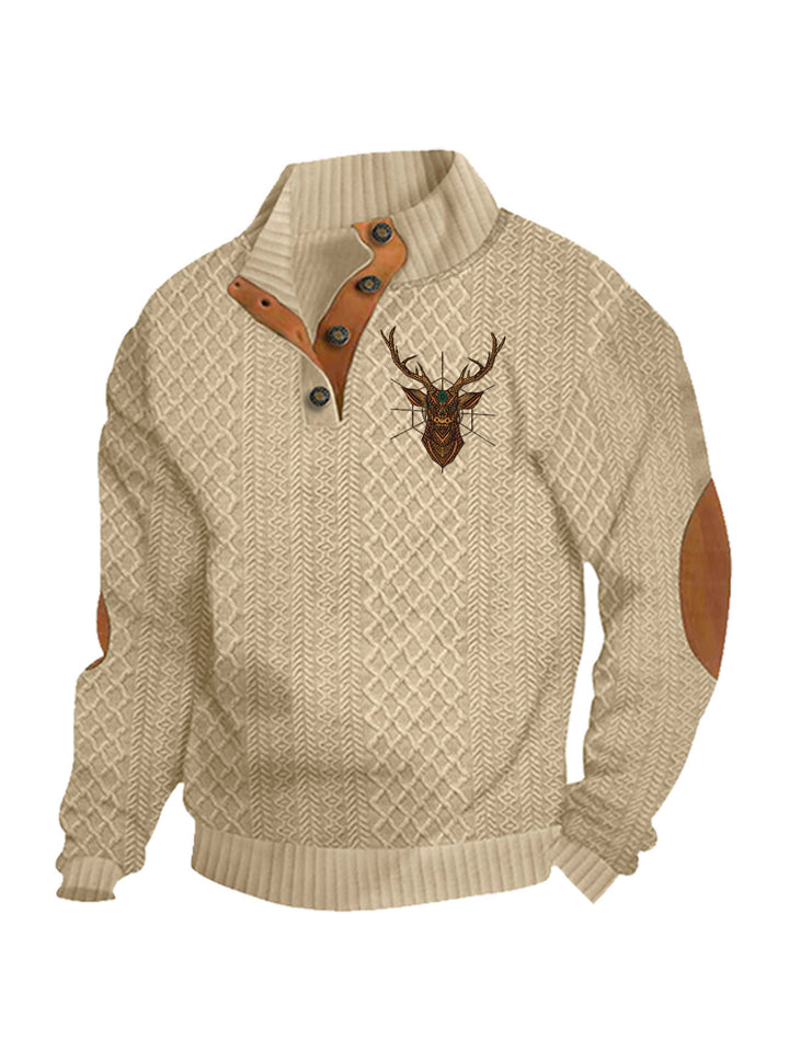 Herren nan Heritage-Strukturpullover mit Stehkragen Lederimitat-Besatz Ellenbogen-Patches und Halbknopfleiste Echo Archiv