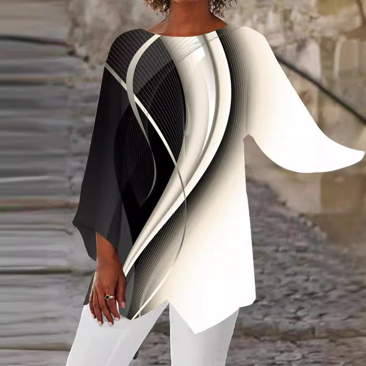 Damen asymmetrisches Langarmshirt mit Grafikdruck und Fledermausärmeln – Avérine